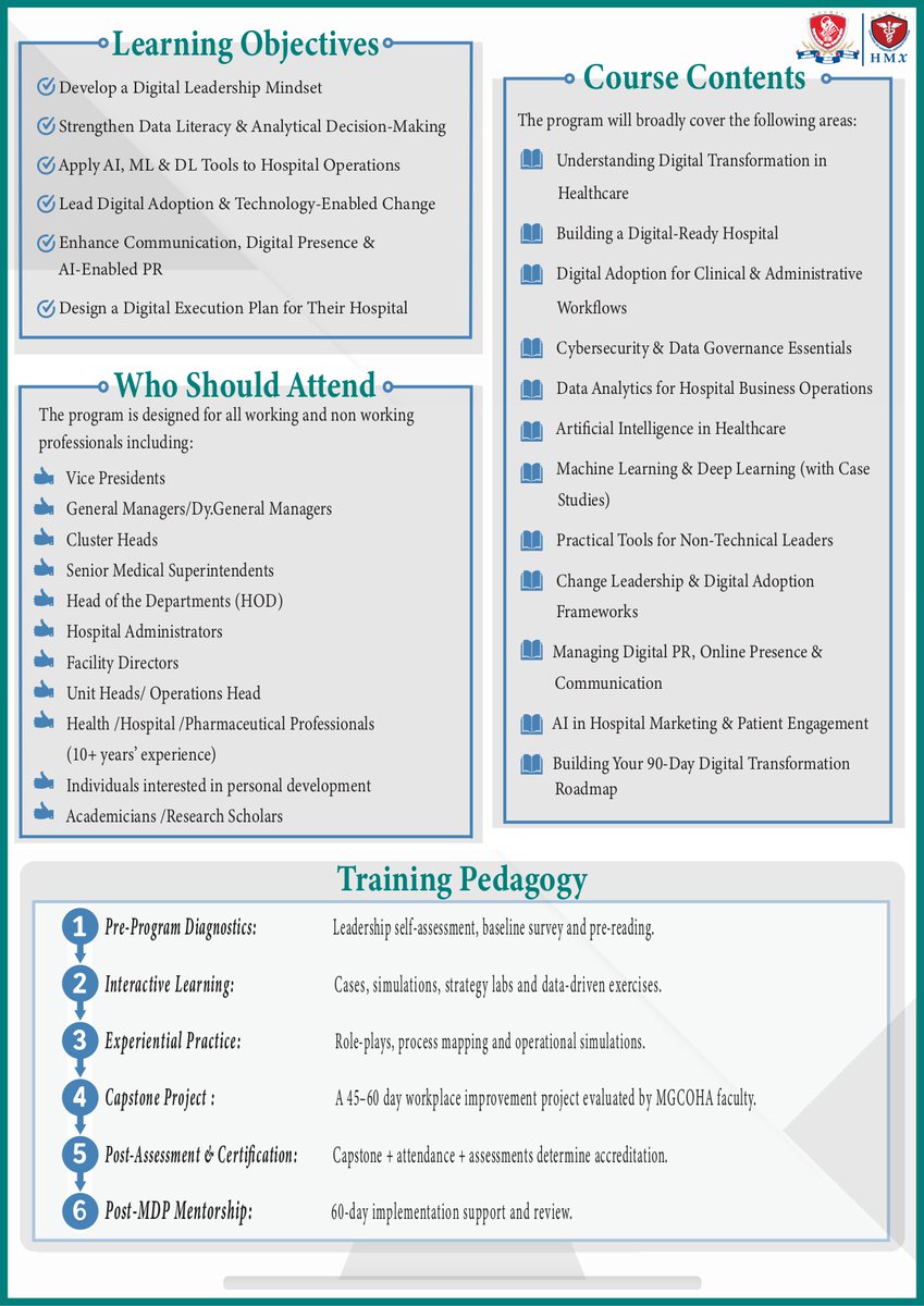sandeeprt2004's tweet photo. 3 day #MDP (Management Development Program) #MGUMST(Mahatma Gandhi University of Medical Sciences &amp; Technology, #JAIPUR)- “DIGITAL TRANSFORMATION, AI and DATA DRIVEN HOSPITAL MANAGEMENT" (23rd April -25th April.2026)   pl contact: drsandeepnarula@mgumst.org 8058760911/8209425385 https://t.co/H7T2PEYYYj