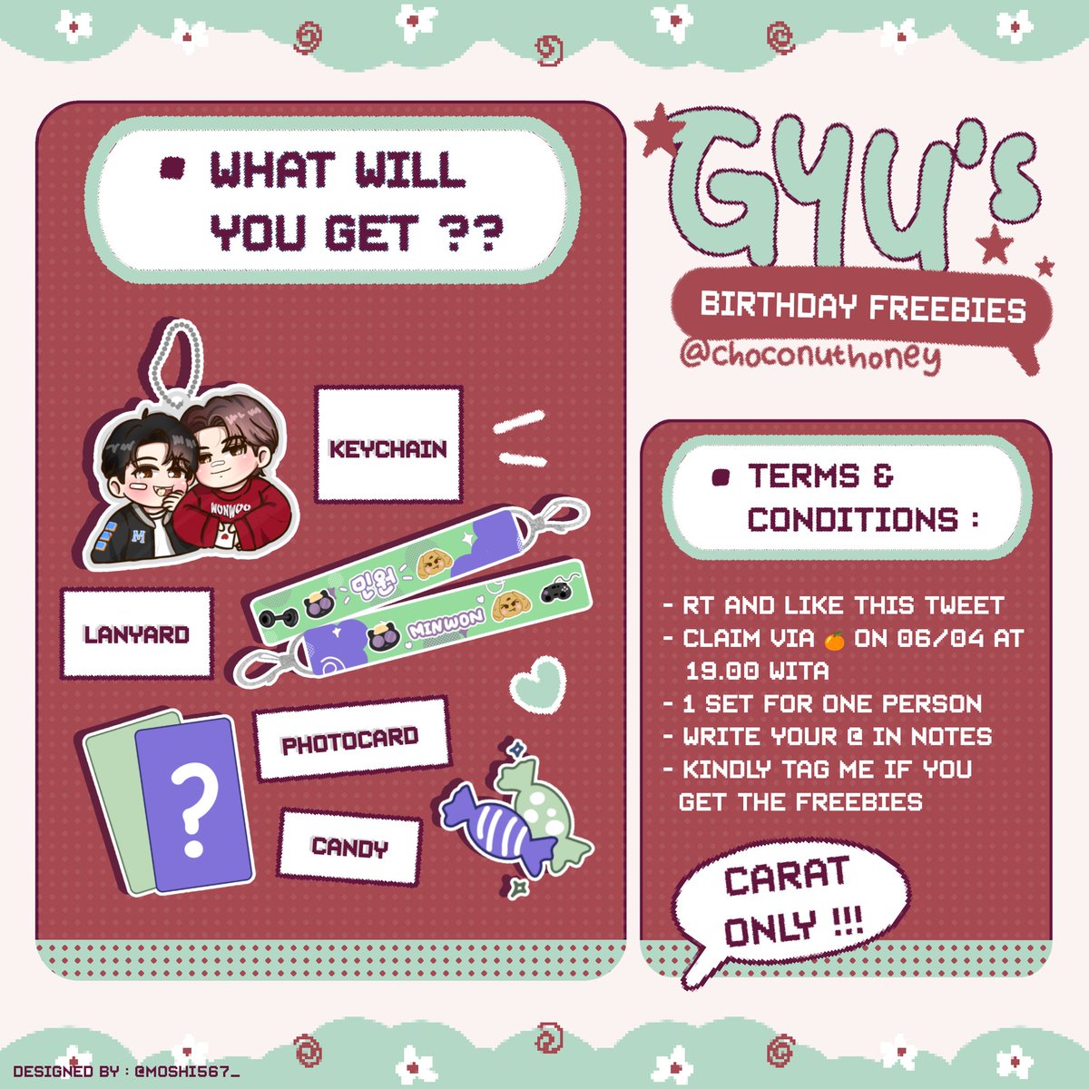 ✨️ MINGYU BIRTHDAY FREEBIES ✨️

✅️ Rt and like 
❗️Please read tnc before claim yaa 🫶🏻
❗️1 set 1 person!! Jangan curang
Kalo ada yg mau trade juga boleh 🤭

Gyu freebies : id.shp.ee/SELDV4kx

Minwon freebies : id.shp.ee/L2qE1NHf
