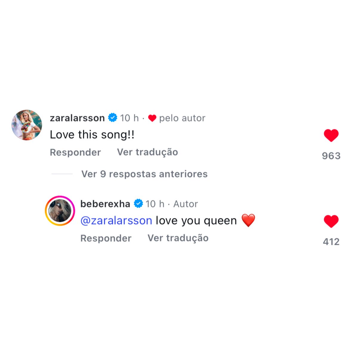 Zara Larsson praised Bebe Rexha’s new single, “Hysteria,” on Instagram.

Zara: “love this song!!”  
Bebe: “love you queen ❤️”