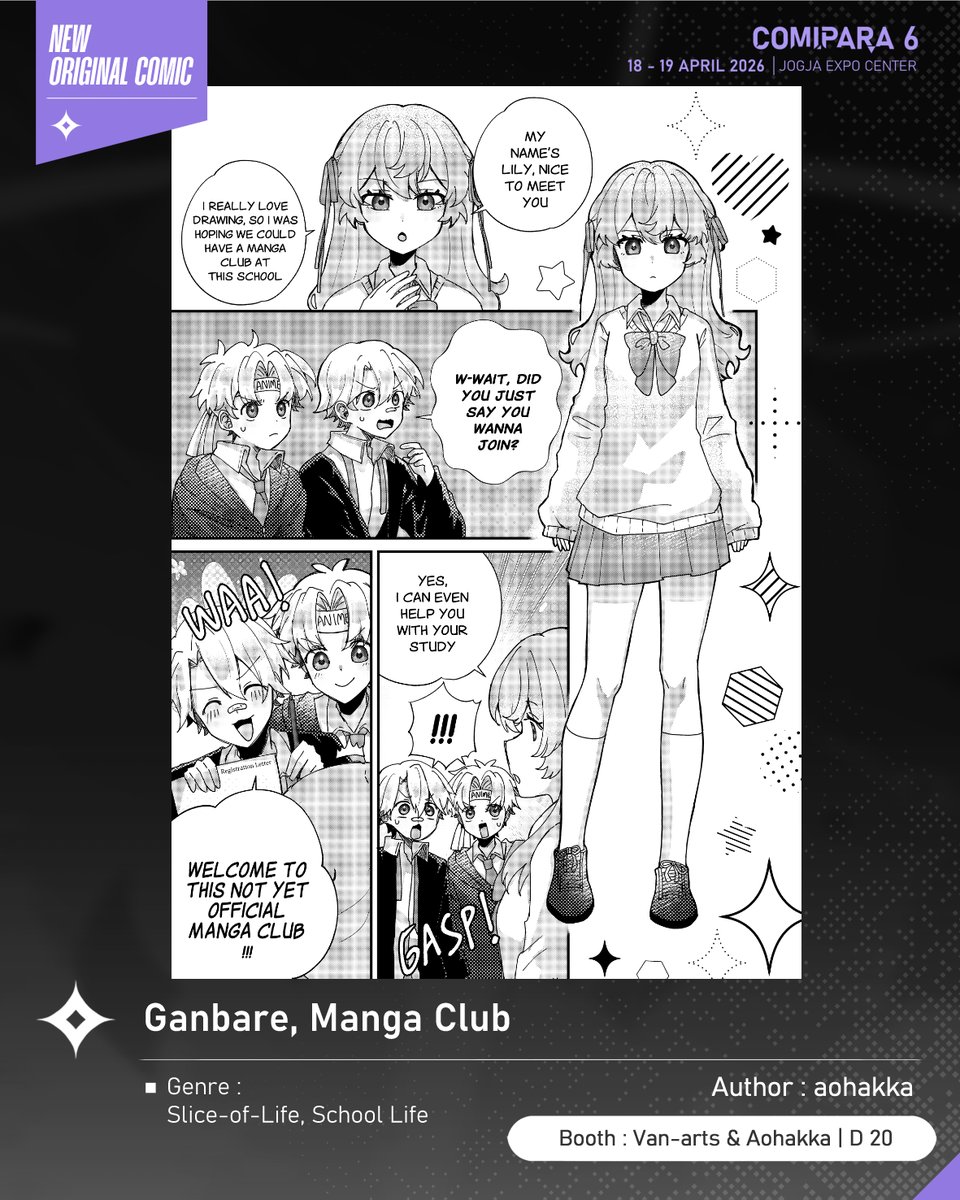 comipara_id's tweet photo. [COMIC RAID]
Author: aohakka
Booth: D 20  -  Van-arts &amp; Aohakka

Nah kali ini ada komik baru karya Kak aohakka, berjudul "Ganbare, Manga Club" yang akan dijual di Comipara 6 besok lho!

Sampai ketemu di venue! ✨

Comipara 6
18-19 April 2026
Jogja Expo Center

#comicraid6 https://t.co/9boDtxgnrw