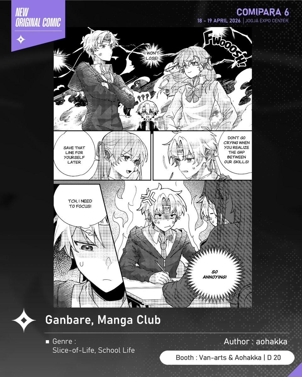 comipara_id's tweet photo. [COMIC RAID]
Author: aohakka
Booth: D 20  -  Van-arts &amp; Aohakka

Nah kali ini ada komik baru karya Kak aohakka, berjudul "Ganbare, Manga Club" yang akan dijual di Comipara 6 besok lho!

Sampai ketemu di venue! ✨

Comipara 6
18-19 April 2026
Jogja Expo Center

#comicraid6 https://t.co/9boDtxgnrw