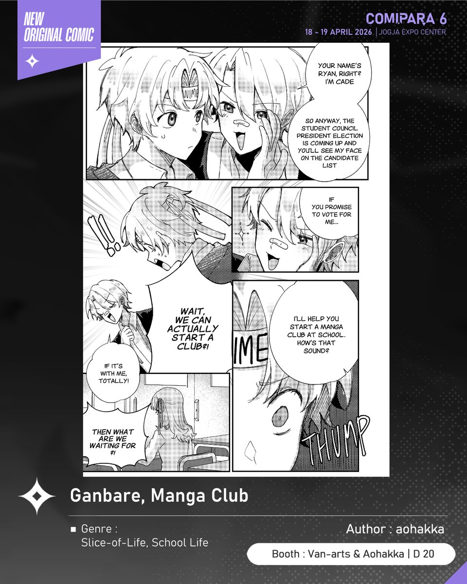 comipara_id's tweet photo. [COMIC RAID]
Author: aohakka
Booth: D 20  -  Van-arts &amp; Aohakka

Nah kali ini ada komik baru karya Kak aohakka, berjudul "Ganbare, Manga Club" yang akan dijual di Comipara 6 besok lho!

Sampai ketemu di venue! ✨

Comipara 6
18-19 April 2026
Jogja Expo Center

#comicraid6 https://t.co/9boDtxgnrw