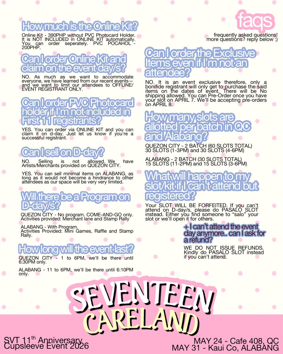 welcome to 𝐒𝐞𝐯𝐞𝐧𝐭𝐞𝐞𝐧 𝐂𝐚𝐫𝐞𝐥𝐚𝐧𝐝!

check the event details &amp; guidelines below so you're all ready for securing your slot .ᐟ

make sure to understand thoroughly, carats! 💘⭐️🧸

more questions? reply below!
#SEVENTEENCareland