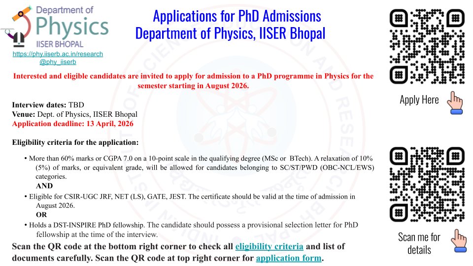 phy_iiserb's tweet photo. 📢 We are looking for highly motivated individuals for carrying out cutting edge research here with us @iiserbhopal  Scan the QR codes for information and application form! #phd #researchlife https://t.co/kEsryRjpCc