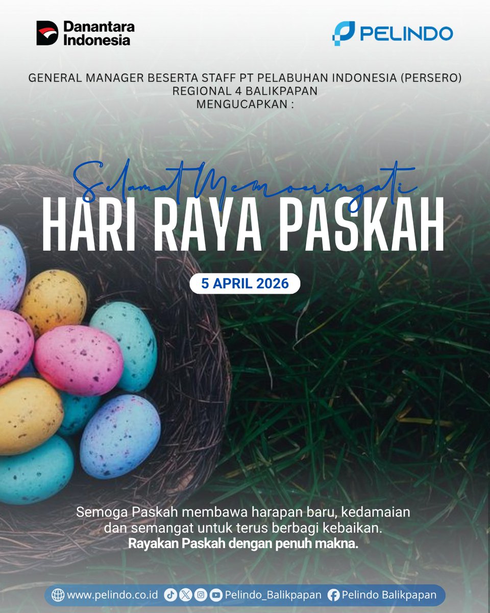 Pelindo_bpp's tweet image. Hai #netizen 👋

General Manager beserta Staff Regional 4 Balikpapan mengucapkan : 

Selamat Memperingati Hari Paskah
🗓️ 5 April 2026

"Semoga Paskah membawa harapan baru, kedamaian dan semangat untuk terus berbagi kebaikan"

#Pelindo
#haripaskah
#balikpapan
#pelabuhansemayang