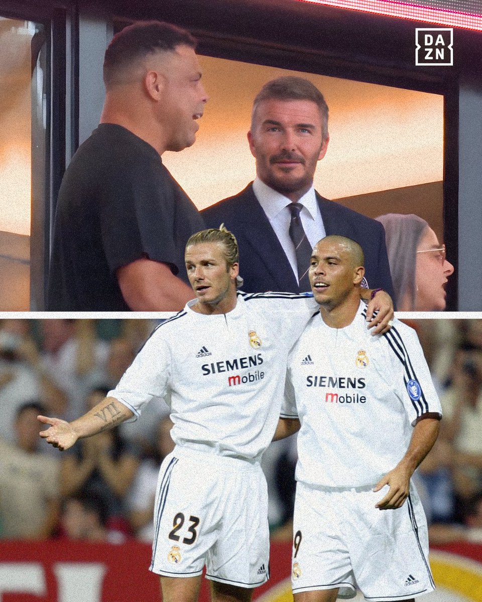 DAZNFootball's tweet image. Ronaldo and Beckham chatting during the inaugural match at Nu Stadium. 🏟️

Galácticos on the scene. ✨ #MLS