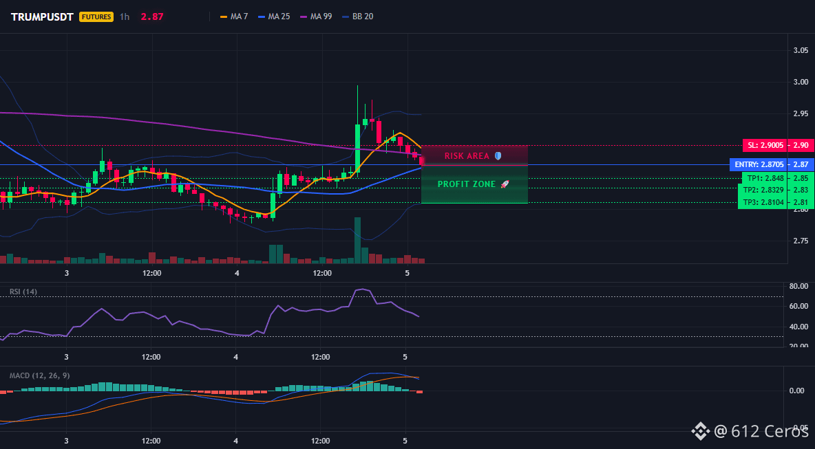 Sarimkh202022's tweet photo. They're all looking for the pump, but $TRUMP /USDT is quietly setting up a breakdown.
$TRUMP - SHORT
Trade Plan:
Entry: 2.8674 – 2.8736
SL: 2.9005
TP1: 2.8480
TP2: 2.8329
TP3: 2.8104
Why this setup?
• 1D trend is bearish, providing the macro backdrop. https://t.co/BXCrF8AmAF