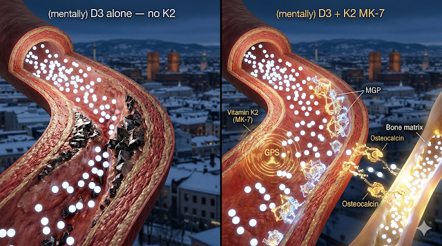 NutriStackLab's tweet image. D3 uten K2 er farlig! 🛑🦴

D3 henter kalsium, men K2 er "GPS-en" som styrer det til skjelettet, ikke årene. Ikke ta D-vitamin blindt i mørketiden! 🧬

Les guiden: 👇 nutristacklab.com/2026/03/the-da…
#VitaminD #K2 #Helse #Norge