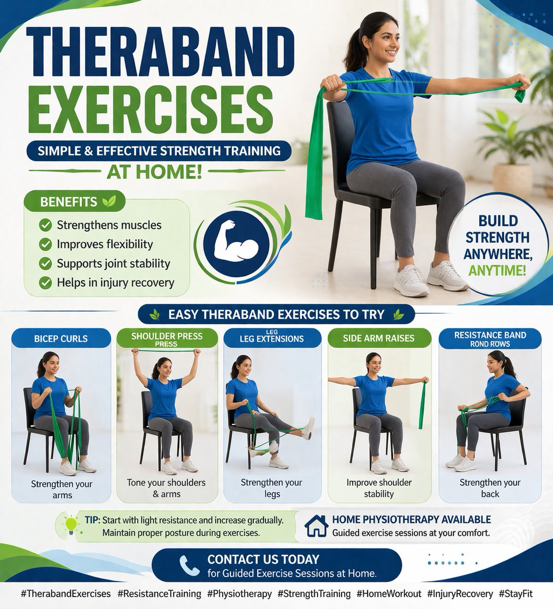 SangitaDhameli1's tweet photo. 💪 Theraband exercises = simple &amp; effective strength training at home!
✔️ Bicep curls
✔️ Shoulder press
✔️ Leg extensions
✔️ Band rows

Start light, stay consistent 💯
#Theraband #Physiotherapy #StrengthTraining #HomeWorkout https://t.co/xaLZzVFVgZ