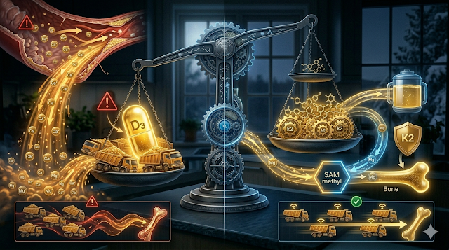 NutriStackLab's tweet image. Tar du NOK Vitamin K2? 
5000 IU D3 krever minst 100-180mcg MK-7 for å beskytte årene dine. Feil forhold kan føre til forkalkning selv om du tar tilskudd. Finn "The Nordic Sweet Spot" her.

Sjekk den matematiske formelen: 👇 nutristacklab.com/2026/03/sunlig…
#VitaminD3 #K2 #Helse #Norge