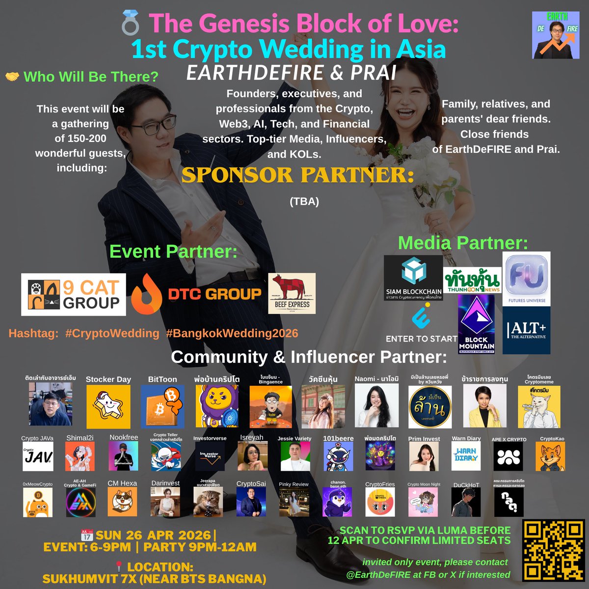 EarthDeFIRE's tweet photo. The Genesis Block of Love – 1st Crypto Wedding in Asia: EarthDeFIRE & PRAI
งานแต่งผม หรือ งาน Token2049 สาขาไทยเอาดีๆ ถถถ+ 🤯 พาร์ทเนอร์ 40+ แน่นจัด ขนาดนี้! (แบรนด์ไหนอยากเป็นสปอนเซอร์ ทัก DM ด่วน โควต้าใกล้หมดเวลาลงละครับ!)
ว่าแต่งานรวม VCs & KOLs เยอะขนาดนี้... มันจะกลายเป็นงานแต่ง หรืองาน Pitching โปรเจกต์กันแน่ครับเนี่ย? 🤣 แขกเตรียมตัวด่วงงง
ต้องมีกิจกรรม Single Matching สไตล์ Web3 Tinder ด้วยดีไหมครับ? 🥳
#CryptoWedding #BangkokWedding2026