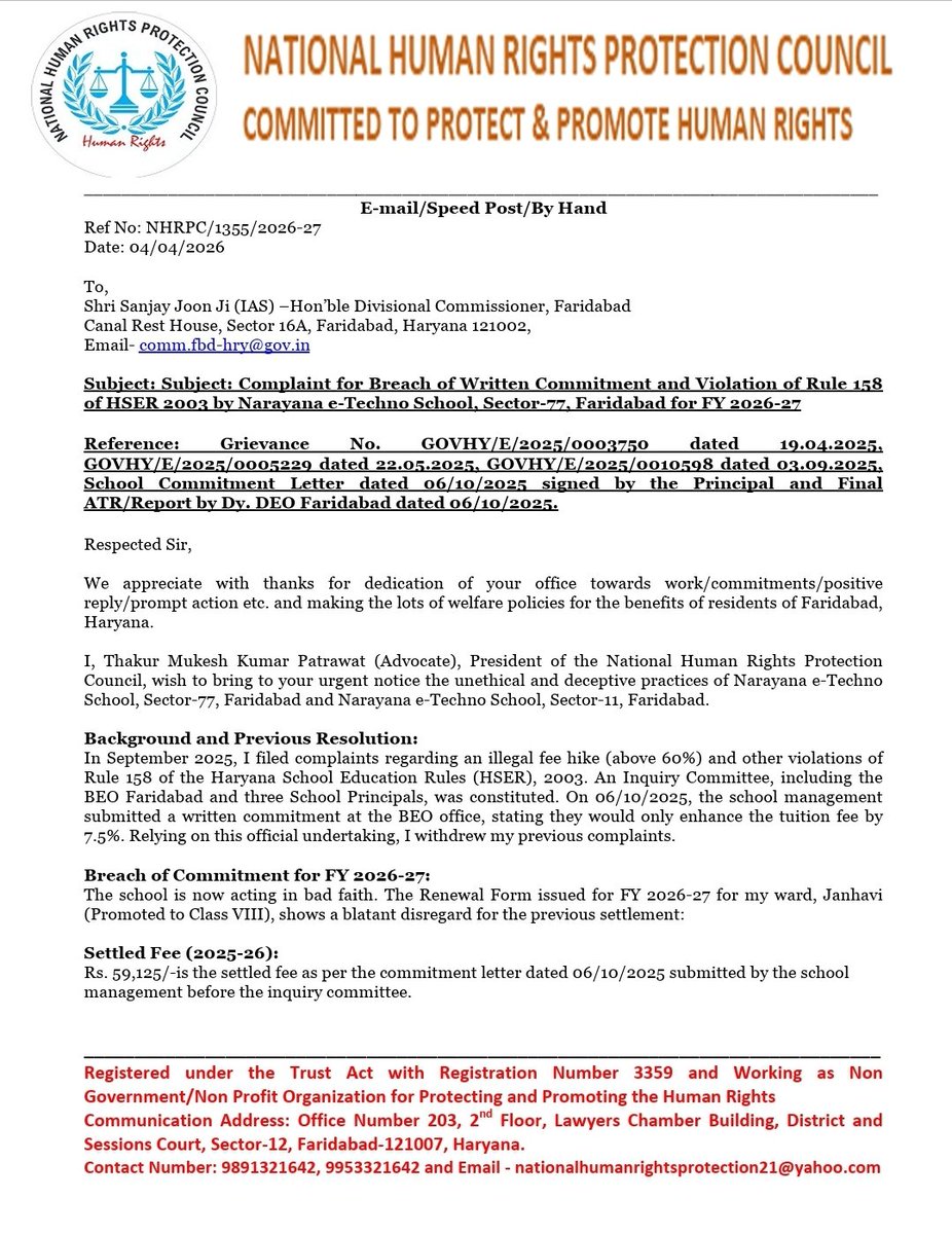 HumanCounc24629's tweet photo. Complaint for Breach of Written Commitment and Violation of Rule 158 of HSER 2003 by Narayana e-Techno School, Sector-77, Faridabad for FY 2026-27.
@PMOIndia @HMOIndia @narendramodi @AmitShah @cmohry @DC_Faridabad @DistrictAdm_FBD @police_haryana @CPFbd @DeoFaridab57211 https://t.co/auXcQu5z7E