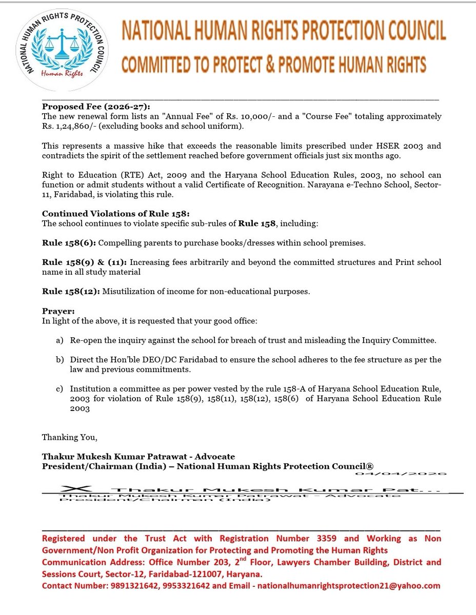 HumanCounc24629's tweet photo. Complaint for Breach of Written Commitment and Violation of Rule 158 of HSER 2003 by Narayana e-Techno School, Sector-77, Faridabad for FY 2026-27.
@PMOIndia @HMOIndia @narendramodi @AmitShah @cmohry @DC_Faridabad @DistrictAdm_FBD @police_haryana @CPFbd @DeoFaridab57211 https://t.co/auXcQu5z7E