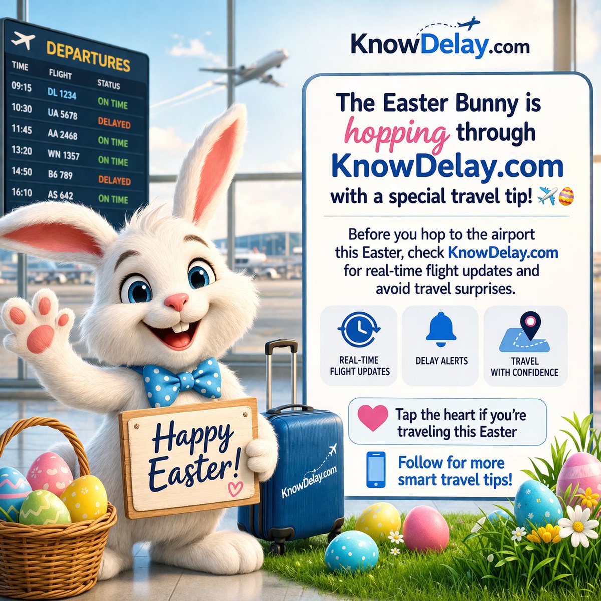 KnowDelay's tweet photo. This Easter, travel as smooth as the Easter Bunny’s delivery route 🐰✈️
Stay updated with real-time flight alerts at https://t.co/GZKkrx5WBc and arrive right on time.
❤️ Like if you want hassle-free flights
📲 Follow @KnowDelay for daily flight updates
#EasterFlights #TravelUpdate #KnowDelay #FlightTracker #EasterBunny #Travel2026