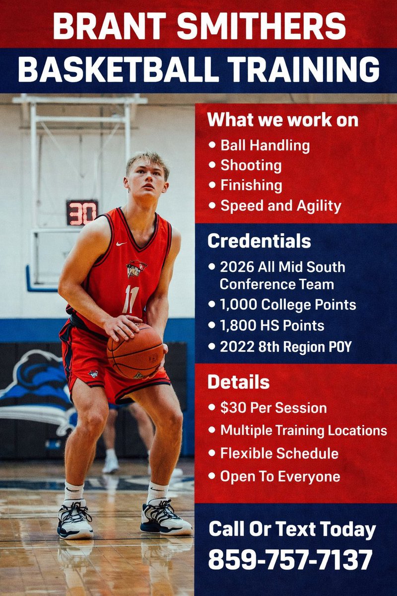 This summer I will be offering basketball training for anyone looking to improve as a player! Open to all ages and skill levels! Feel free to reach out to me anytime at (859)757-7137. Let’s get to work🏀🎯