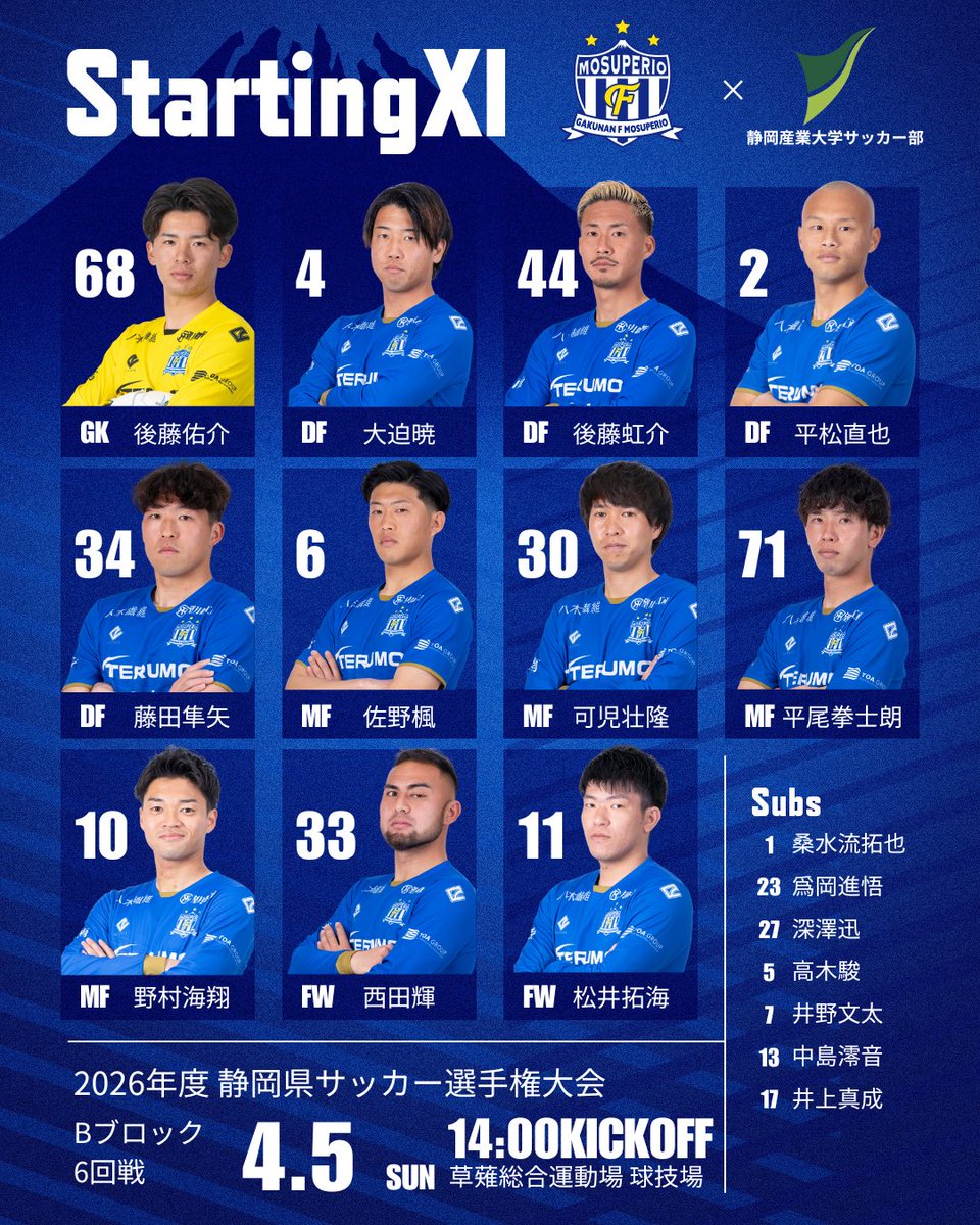 スターティングメンバー発表🗻 2026年度 静岡県サッカー選手権大会