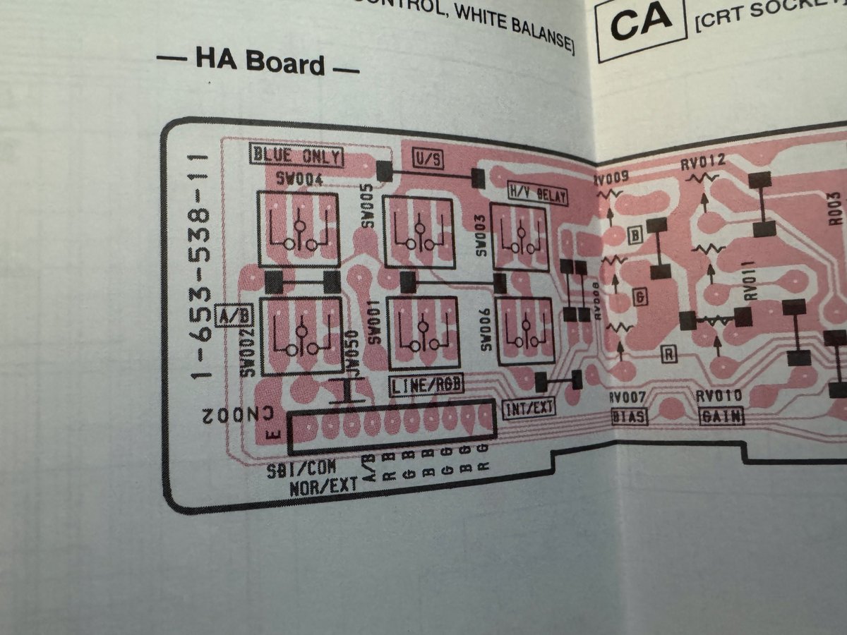 komagata99's tweet image. BVM-9045のタクトスイッチが1箇所壊れてずっと気になっていたんだけど、違う機種の9044のメンテナンスマニュアルを持っていたことを思いだして、調べたらパーツ番号を発見！　多分共通ぽいから、これと同等品を見つけられたら直せる？
知見者いたら教えてほしい

#sony #bvm #trinitron