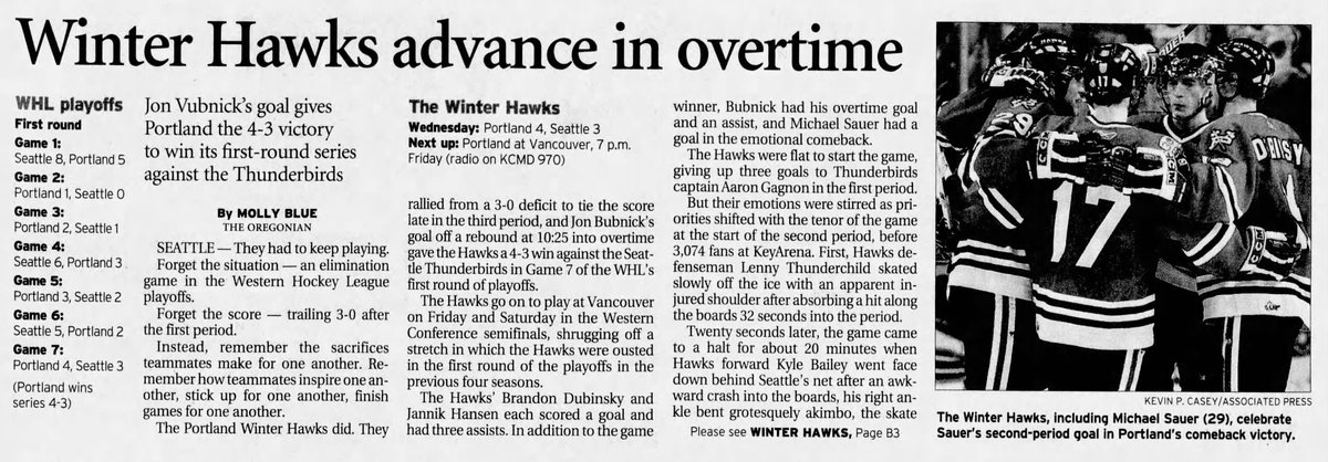 WHL_History's tweet photo. On this day in 2006

After falling behind 3-0 to the Seattle Thunderbirds, the Portland Winter Hawks rallied for a 4-3 overtime road triumph to win their opening round series in seven games

Jonathan Bubnick scored the clinching goal at 10:25 of the extra frame https://t.co/VQWU9f7Ojt