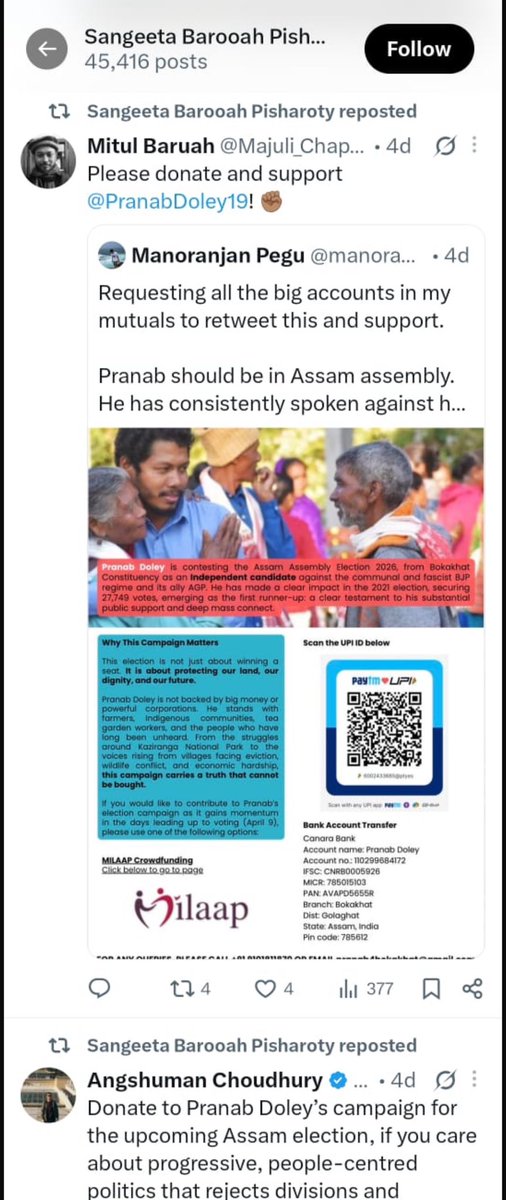 These extremely biased writers of Manipur crisis <a href="/angshuman_ch/">Angshuman Choudhury</a> and <a href="/sangbarooahpish/">Sangeeta Barooah Pisharoty</a> indulging in political fund raising. Both were repeatedly caught engaging in propaganda and disinformation campaigns peddling Chin Kuki fake narratives. <a href="/jeegujja/">Greeshma Kuthar</a> <a href="/vijaita/">Vijaita Singh</a> you have competition.