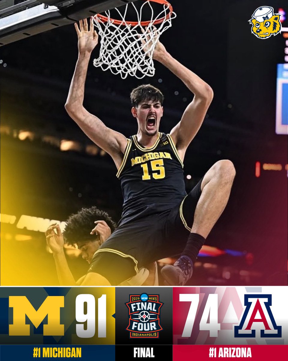 NATIONAL TITLE GAME BOUND. 🏀〽️🔥

Michigan DOMINATES Arizona 91-73 and punches its ticket to Monday night’s championship game.

🔥 Aday Mara: 26 PTS, 9 REB
🔥 Five straight March Madness wins by double digits
🔥 First team to score 90+ in five games in a single tournament