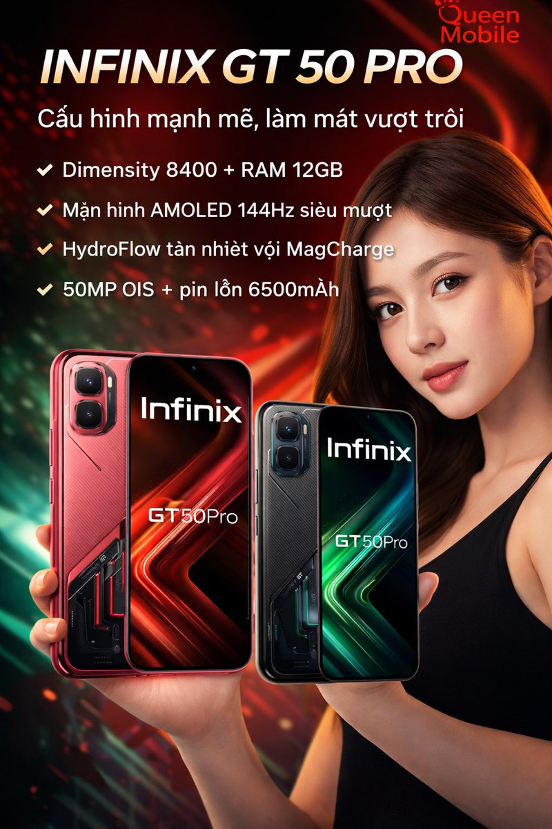 QueenMobileNet's tweet image. 𝗜𝗻𝗳𝗶𝗻𝗶𝘅 𝗚𝗧 𝟱𝟬 𝗣𝗿𝗼 – Siêu phẩm gaming thế hệ mới, hiệu năng bùng nổ, tản nhiệt đỉnh cao 🔥
#InfinixGT50Pro #GamingPhone #Dimensity8400 #144Hz #Pin6500mAh #DienThoaiChoiGame #QueenMobile #CongN