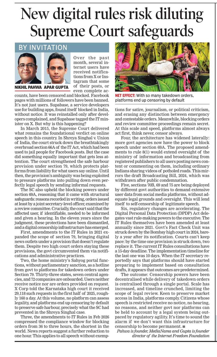 I want to clarify something about this article <a href="/apar1984/">Apar Gupta</a> and I wrote: 

An infrastructure for mass censorship is already in place, in India, and the new rules expand it. 

We're seeing mass censorship of accounts and posts on X, Instagram and Facebook, because of this