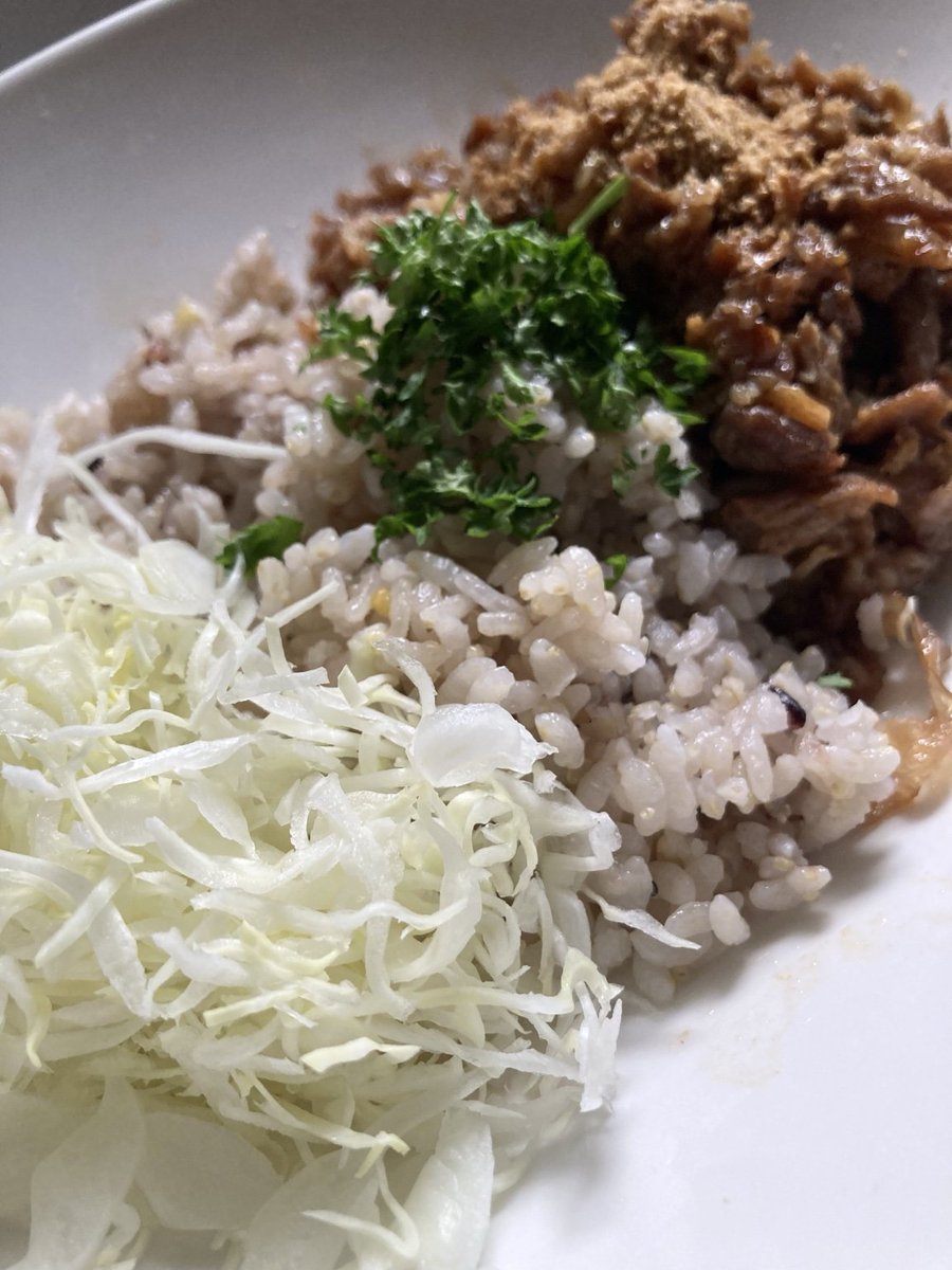 nnI9m9lZWO92038's tweet image. 畑めぐみご飯🍚
キャベツの千切り

豚肉の甘辛炒めに添えました
畑のパセリも🌿

キャベツは、置きすぎて少し割れていたので
急いで収穫してきました🏃‍♂️💨

穏やかな午後をお過ごしください🌿