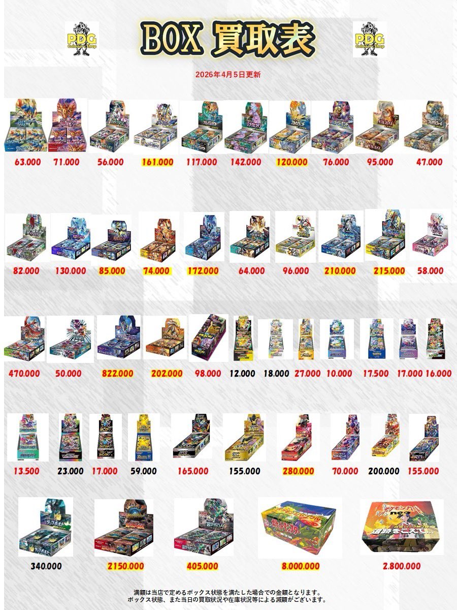 PDGcollectors_2's tweet image. 🌊🛟BOX買取表🛟🌊

BOX買取はPDGへ💨✨
たくさんのお持ち込みお待ちしてます🎁💕

 #秋葉原  #BOX  #買取表  #ポケカ  #絶版パック   #ポケモン