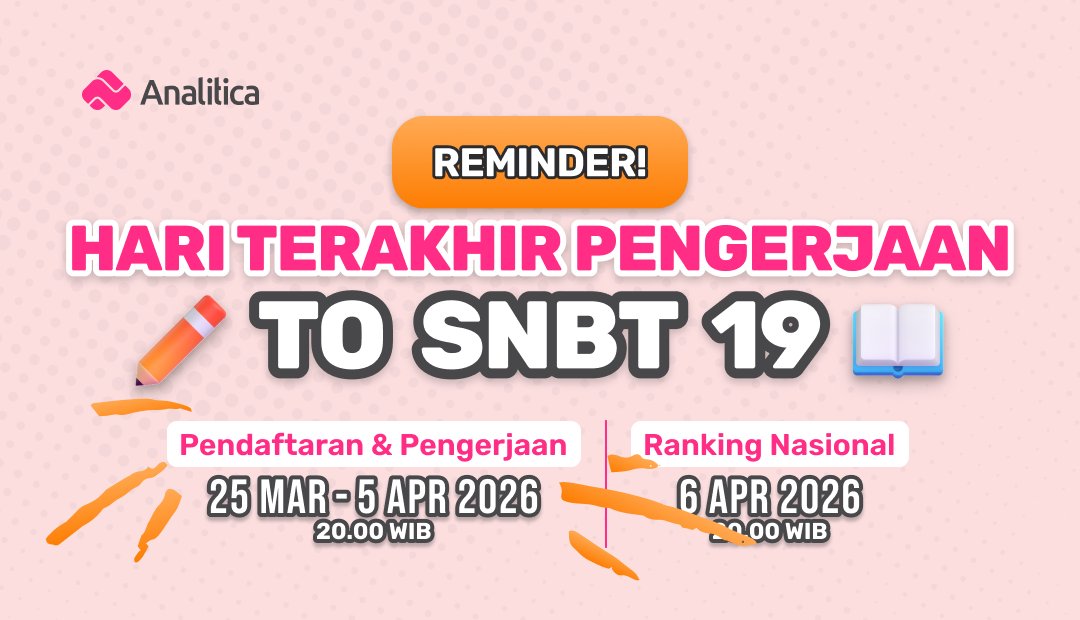 AnaliticaId's tweet photo. ⌛HARI TERAKHIR DAFTAR DAN MENGERJAKAN TO UTBK GRATIS PART 19!!

Yuk, yang belum daftar segera daftar. Minca lg mode ON buat ngecek-in dan ACC pendaftaran nih . 

👇👇👇