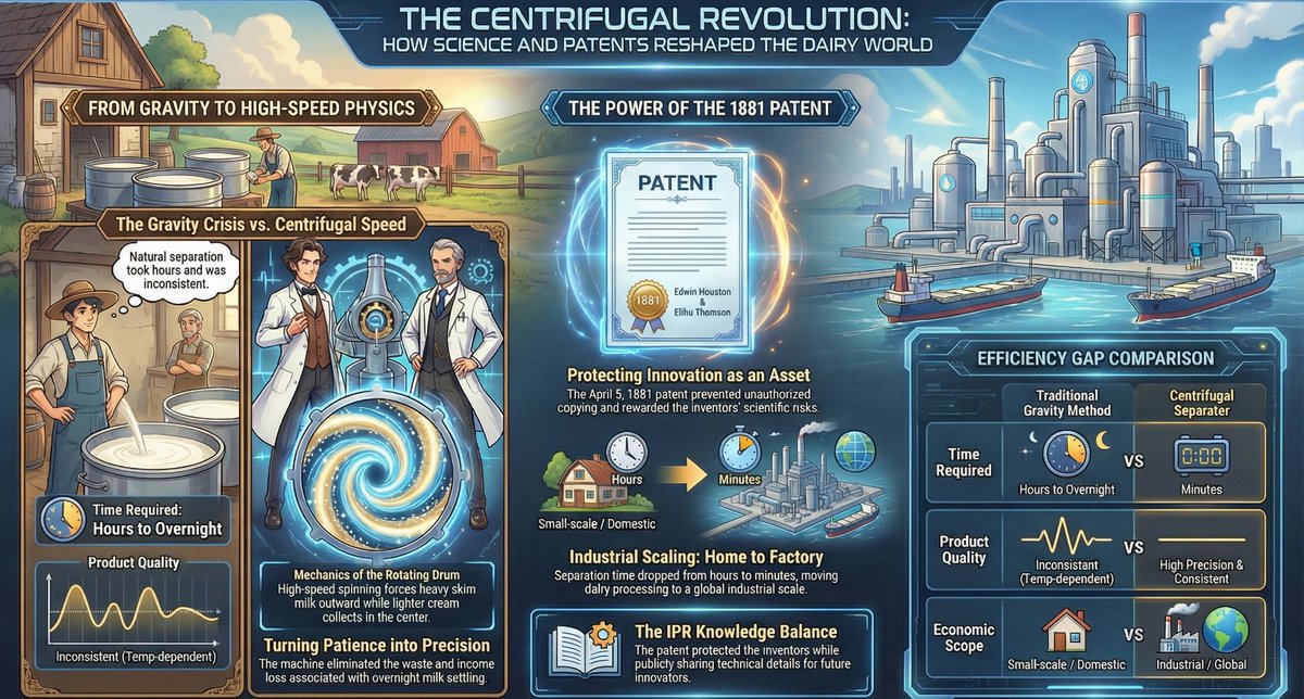 picgujcost's tweet image. On This Day – April 5, 1881

The cream separator, patented by Edwin Houston &amp;amp; Elihu Thomson, transformed dairy processing using centrifugal force 
A perfect example of how a Patent protects innovation turning ideas into impactful, scalable technologies.
#IPR #Innovation #Patents