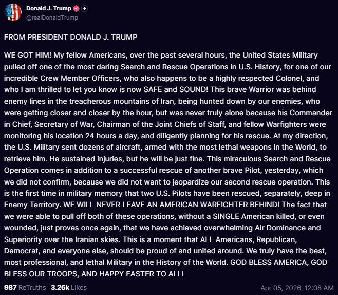 BREAKING: President Trump announces that the second F-15E pilot who was shot down on Friday has been rescued from Iran.