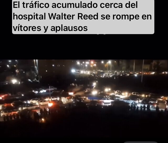 HUGO__CESAR's tweet photo. Que tristeza para un ser humano, dicen que Donald Trump está internado en el hospital militar Walter Reed, en Washington.  La gente está feliz, con vítores y haciendo sonar los pitos de sus autos y rodeó el hospital. 
El karma, el karma siempre llega, por más poderoso que sea la persona. Pon atención @DanielNoboaOk