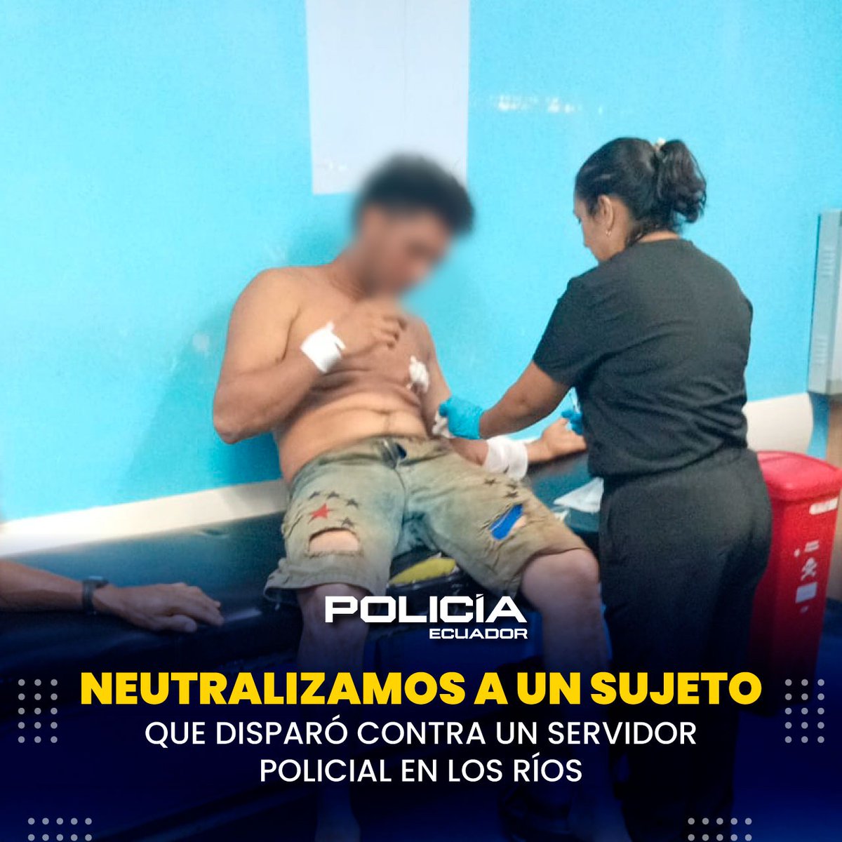 PoliciaEcuador's tweet photo. NEUTRALIZAMOS A SUJETO QUE DISPARÓ CONTRA UN SERVIDOR POLICIAL EN LOS RÍOS

Durante operativos de control ejecutados en el sector La Represa Baba, recinto Estero Azul, en el cantón Buena Fe, personal policial aprehendió a un sujeto por el presunto delito de ataque y resistencia, tras agredir con un arma de fuego a un servidor policial.

El procedimiento se registró cuando los uniformados identificaron a un individuo en actitud sospechosa, quien, al notar la presencia policial, realizó varios disparos contra uno de los servidores policiales. Ante el riesgo inminente, se hizo uso legítimo de la fuerza, logrando neutralizar la amenaza y ubicar al presunto agresor.

Tras la audiencia de calificación de flagrancia, la autoridad judicial dispuso prisión preventiva e inició la instrucción fiscal por 30 días, mientras avanzan las investigaciones.

#ServirYProtegerConFirmeza