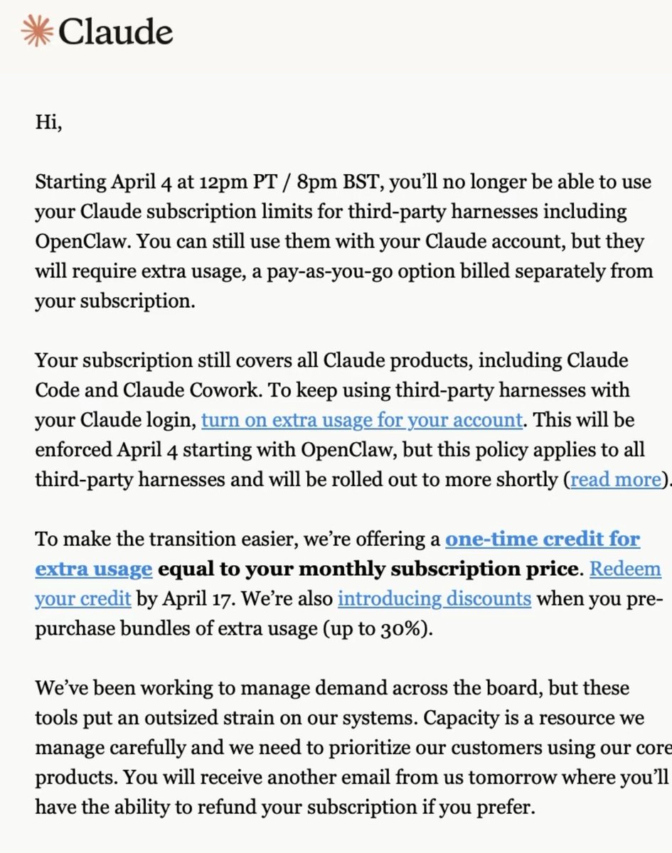 WinnieWangzy's tweet image. 🦞被“封杀”！
Claude goes "Gas Fee" mode! ⛽️ No more free rides for third-party tools. Pay-as-you-go or GTFO. 📉
#Claude #AI #CryptoInfluencer #Anthropic