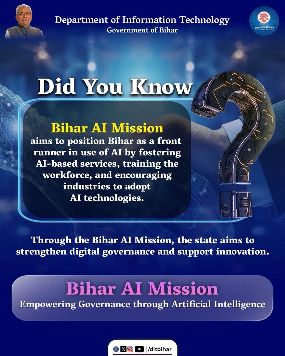 DitBihar's tweet image. ‘Bihar AI Mission’ is a transformative step towards building a smarter, more innovative Bihar.

With a strong focus on:

🔹 Smart Governance
🔹 Digital Transformation
🔹 AI Skill Ecosystem
🔹 Industry Partnerships
🔹 Startup Innovation
🔹 Job Creation

#BiharGovernment #DIT #AI