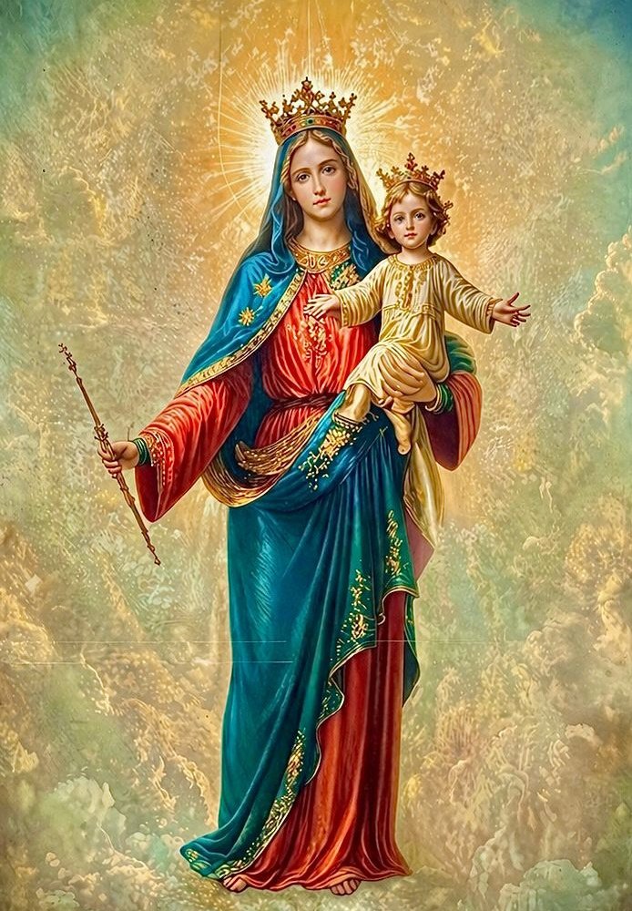✝️ Dios te salve, María, 
llena eres de gracia;
el Señor es contigo.
Bendita Tú eres 
entre todas las mujeres,
y bendito es el fruto de tu vientre, Jesús. 

Santa María, Madre de Dios,
ruega por nosotros, pecadores,
ahora y en la hora de nuestra muerte. Amén 🙏