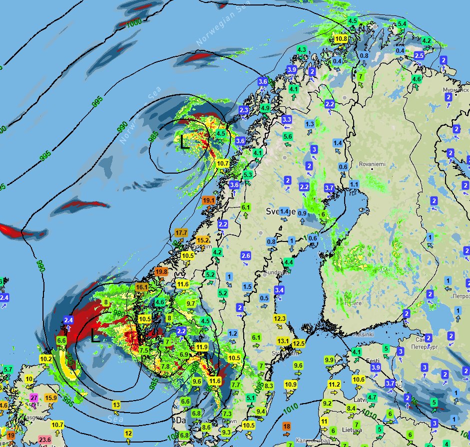 StormGeoWeather's tweet photo. Søndag morgen ligger stormsenteret i Nordsjøen og trekker østover mot Karmøy. Det er sludd og snø over Sør-Norge, regn i ytre strøk. Sørøstlig storm har avtatt til kuling, og det ventes en ny vindøkning senere i dag til vest og nordvestlig storm. #stormgeoweather https://t.co/BhomEMdn5F