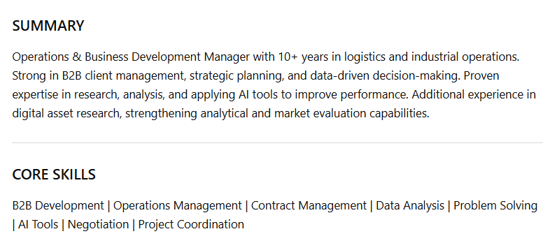 MinhTranQuang10's tweet photo. I’m drafting my CV for (not web3 job), this is the current content (as shown in the image).
Do you think I should add anything else? Perhaps something like being known for #formenonly in Web3, or even “a top NFT collector on SUI”? 😛