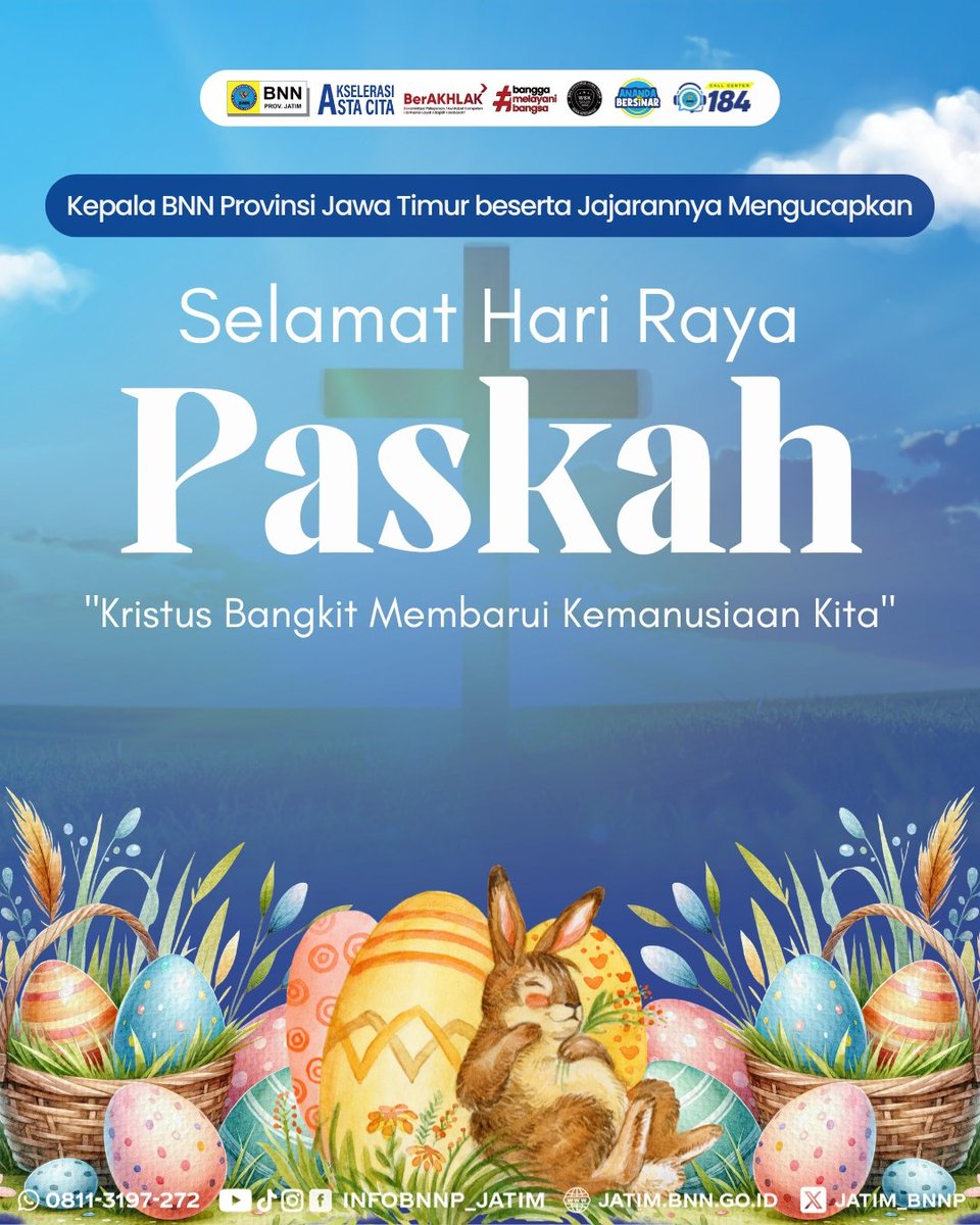 BNNP Jawa Timur mengucapkan Selamat Hari Raya Paskah, 5 April 2026.

Kiranya kebangkitan Kristus membawa pembaruan, harapan, dan semangat untuk terus menebar kebaikan dalam kehidupan.

#HariRayaPaskah #IndonesiaBersinar #WarOnDrugsHumanity #BNNPJawaTimur #JatimSANGAR