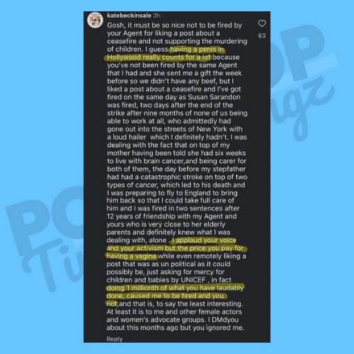 PopTingz's tweet image. Kate Beckinsale drags Mark Ruffalo on social media for being a vocal pro-Palestinian activist and facing no professional consequences, while she &amp;amp; Susan Sarandon both were fired by their agents:

“I guess having a penis in Hollywood really counts for a lot because you've not been