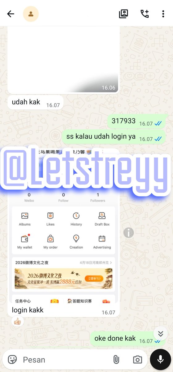 Letstreyy's tweet photo. done akun weibo ✅
done akun wechat scan wechat ✅
05-04-26 https://t.co/A7eXwZjRmA