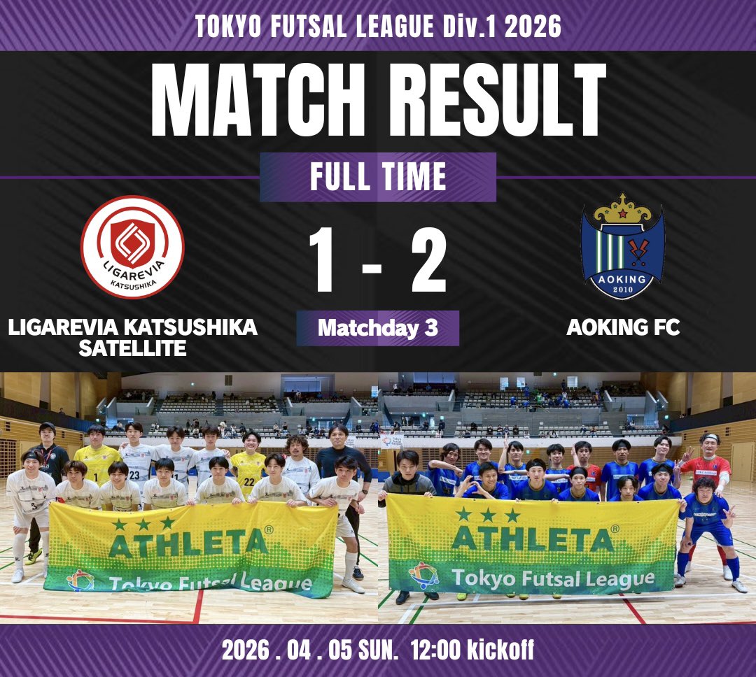 TokyoFutsalDiv1's tweet photo. ／
第3節 第２試合 結果
＼

LIGAREVIA KATSUSHIKA SATELLITE vs AOKING FC
（リガーレサテvsアオキング）

1P：0-0
2P：1-2
total：1-2

@ligarevia_sate
@aoking_fc

#tfl1
#ATHLETA https://t.co/gJuDOlEErR