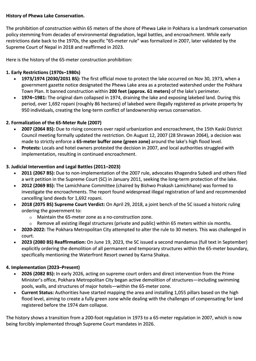 GuyAirline's tweet photo. This is the information provided by Gemini Google search on the history of Phewa Tal conservation regulatory efforts by successive Nepal governments.
The 61 meter construction ban restriction for the Phewa lake was first initiated in 1973 AD.
#PhewaTal #RuleOfLaw https://t.co/t6KEAddo0y