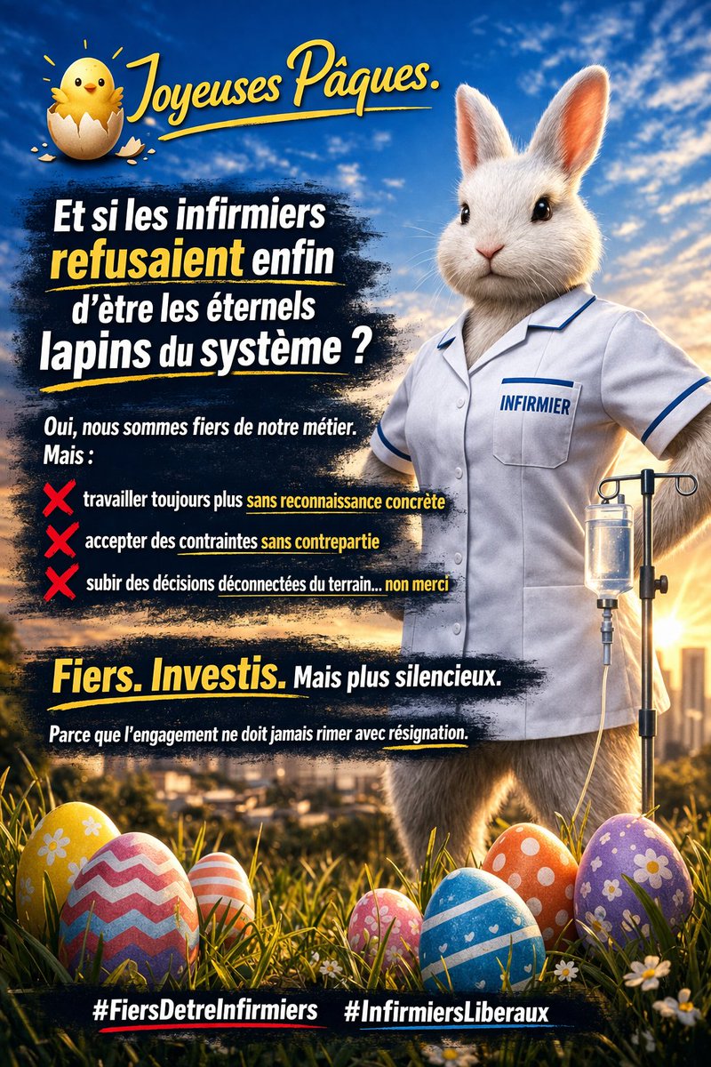 🐣 Joyeuses Pâques.

Cette année, une question se pose : et si les infirmiers refusaient enfin d’être les éternels lapins du système ?

Oui, nous sommes fiers de notre métier. Mais : 
❌ travailler toujours plus sans reconnaissance concrète
❌ accepter des contraintes sans