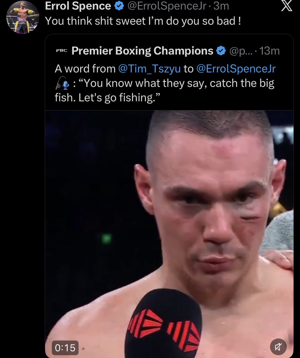 dantheboxingman's tweet image. ‼️ERROL SPENCE WITH A MESSAGE TO TIM TSZYU‼️

Errol Spence: “You think shit sweet. Ima do you so bad !”
👀👀

#Boxing #SpenceTszyu
💥💥🥊🥊🥊🥊