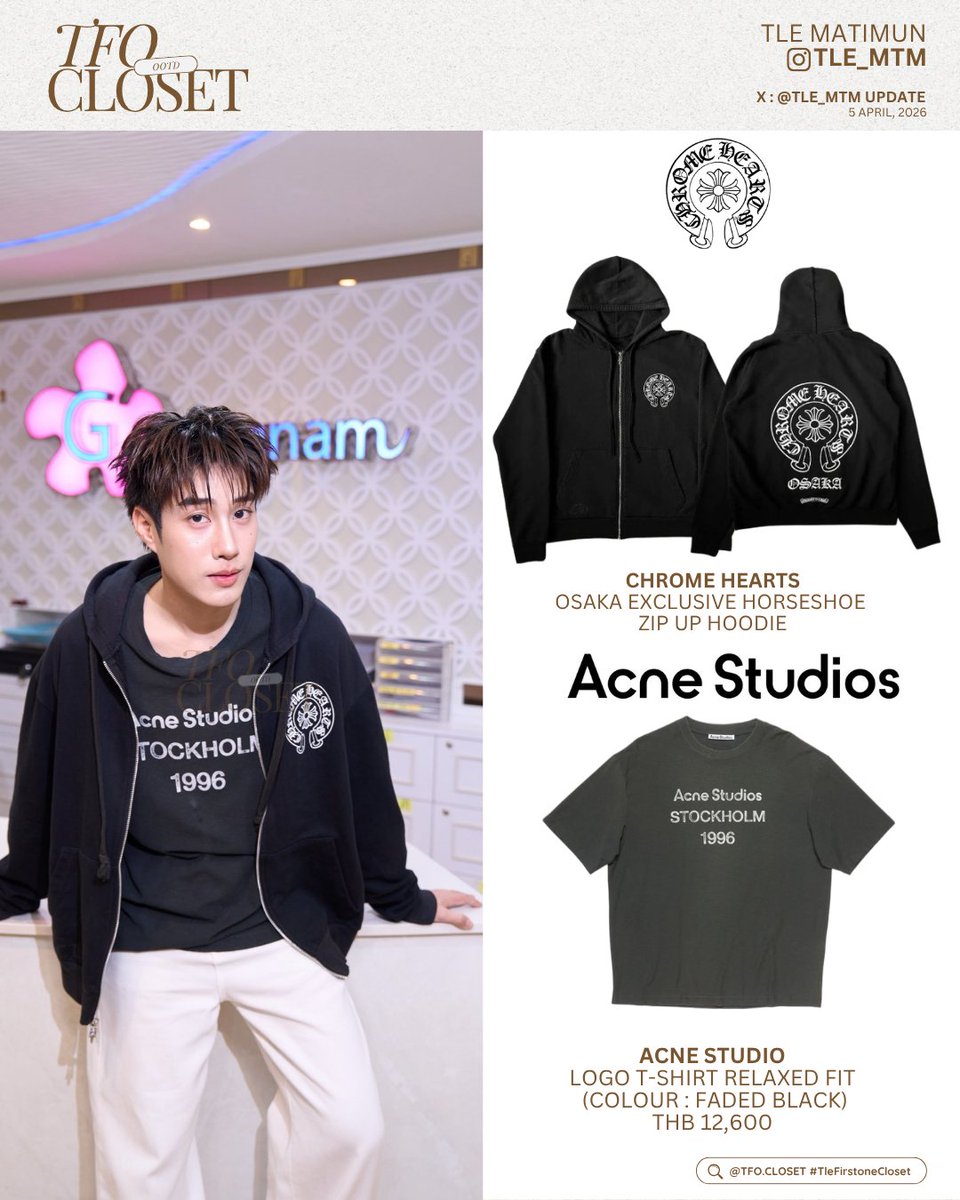 tfocloset's tweet image. [ #TleFirstoneCloset ] ✨
@TLE_mtm #Tle_mtm

🗓️ 05.04.2026
X : TLE_MTM UPDATE 

— #ChromeHearts @chromeheartsusa 
⭐️Osaka Exclusive Horseshoe Hoodie Black 
— #AcneStudios @acnestudios 
⭐️Logo T-Shirt Relaxed Fit (Colour : Faded Black) THB 12,600 

🖇️✩#TleFirstone #เติ้ลเฟิร์สวัน