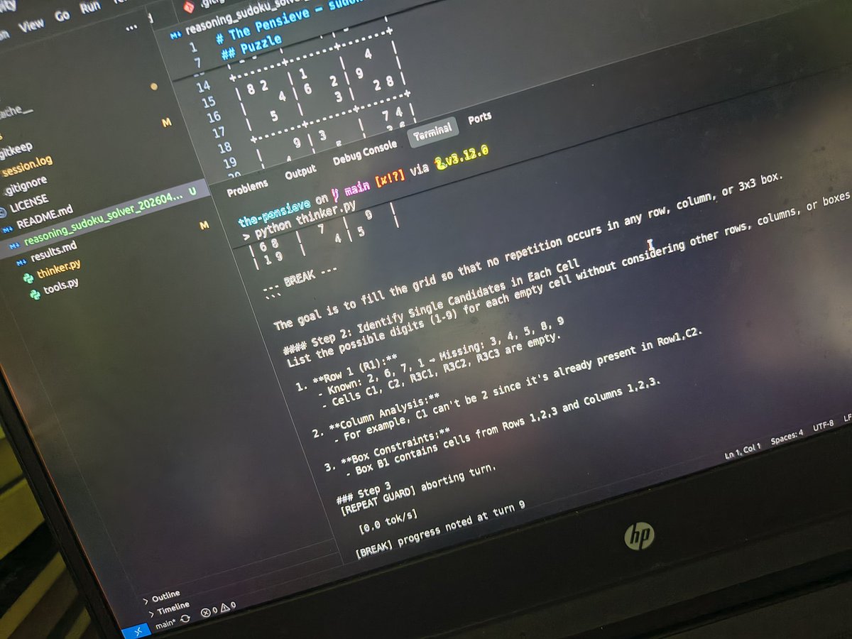 EssenceThinker's tweet photo. For reference I was making a deepseek 1.5B through Ollma to solve a sudoko...via just reasoning... https://t.co/L9S3yeznIG