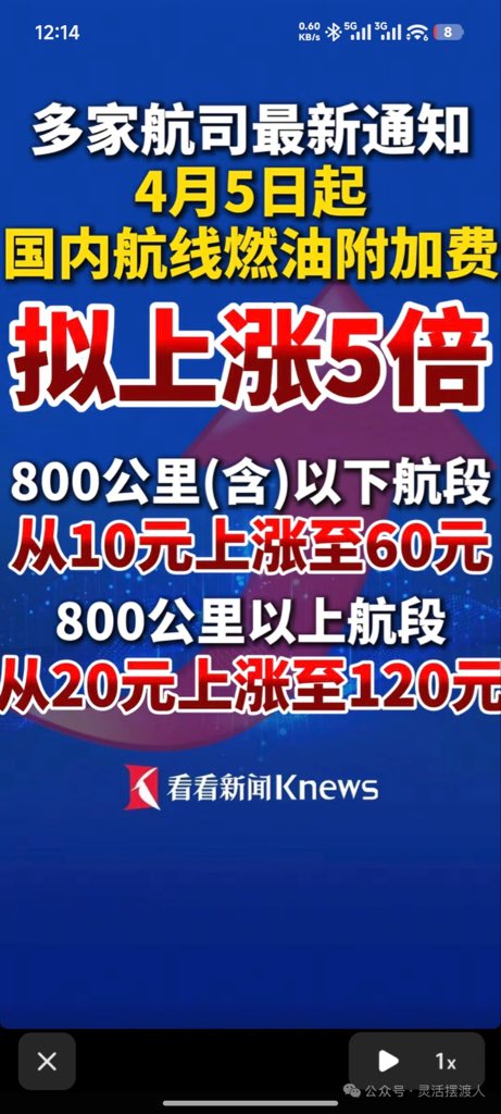 近日，国航、厦航、中联航等多家航司发布公告，自2026年4月5日（含）起销售的客票，国内航线旅客运输燃油附加费收取标准调整为：800公里（含）以下航段，每位旅客收取人民币60元；800公里以上航段，每位旅客收取人民币120元。按规定享受国内民航成人普通票价10%的婴儿，免收燃油附加费。