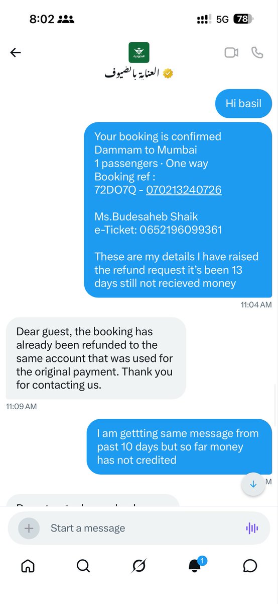 shaikui1's tweet photo. @SaudiAirlines @GACACare @Saudia_Care  My ticket (Booking ID: 72DO7Q, Ticket No: 0652196099361) was cancelled on the 17thMarch. I was told a refund was processed, but I have not received any amount yet. I’ve been following up daily with no update. Please resolve this urgently. https://t.co/UVlsFjNujq