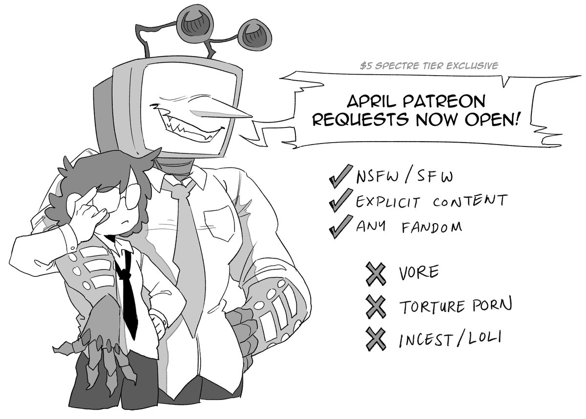 MrDespondency's tweet photo. now's your time to boss me around for the month of april! get your requests 3-4 winners will be chosen in a raffle, with their requests draws in a BnW illustration for April

now's your time to boss me around! https://t.co/XO0iAfDQRJ